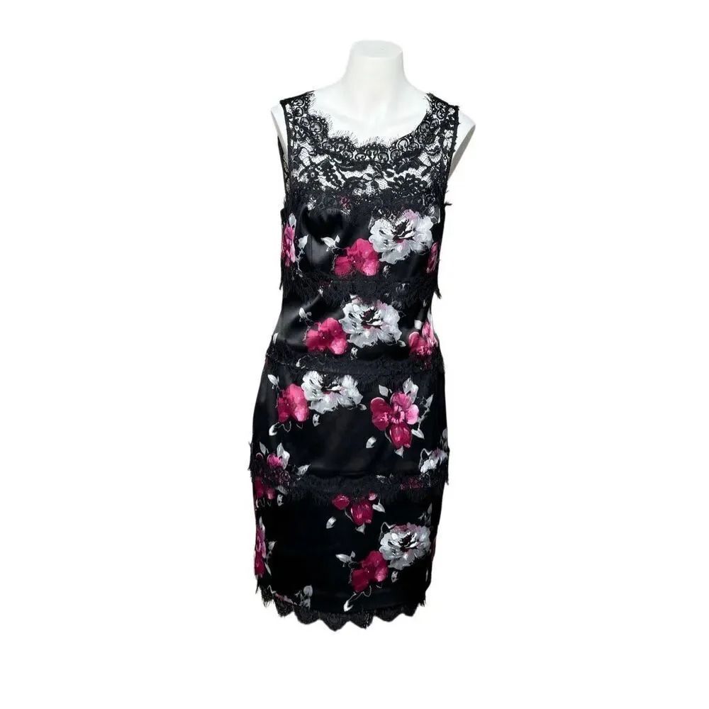 WHBM black floral and lace sleeveless tiered sheath dress size 8